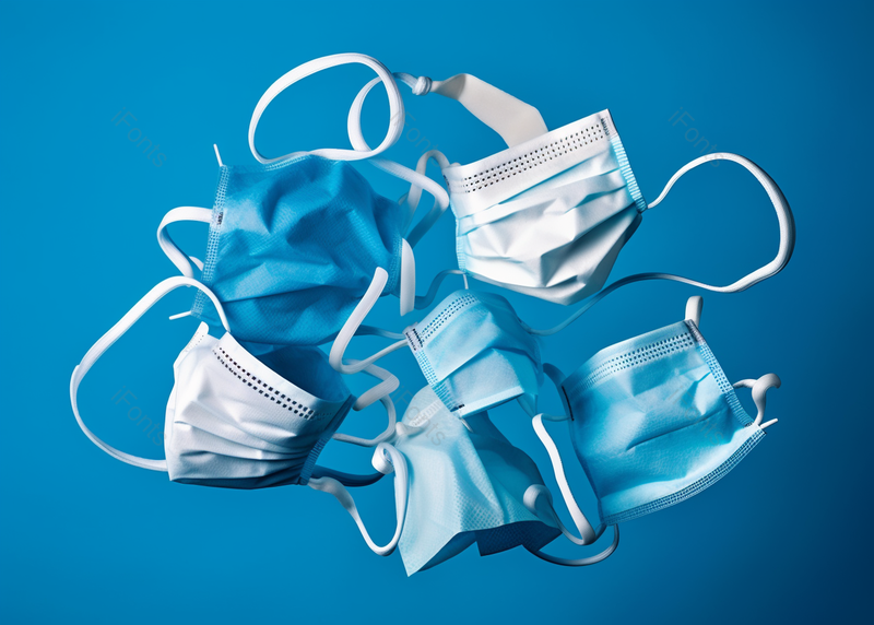 蓝色背景的飞行面具罩保护流感冠状新冠19医疗设备废弃医用口罩,高清,摄影图,摄影图片,图片大全,摄影图免费下载